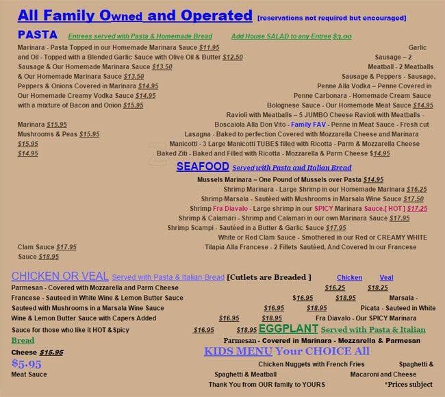 Menu at Don Vito's Italian Restaurant, Daytona Beach