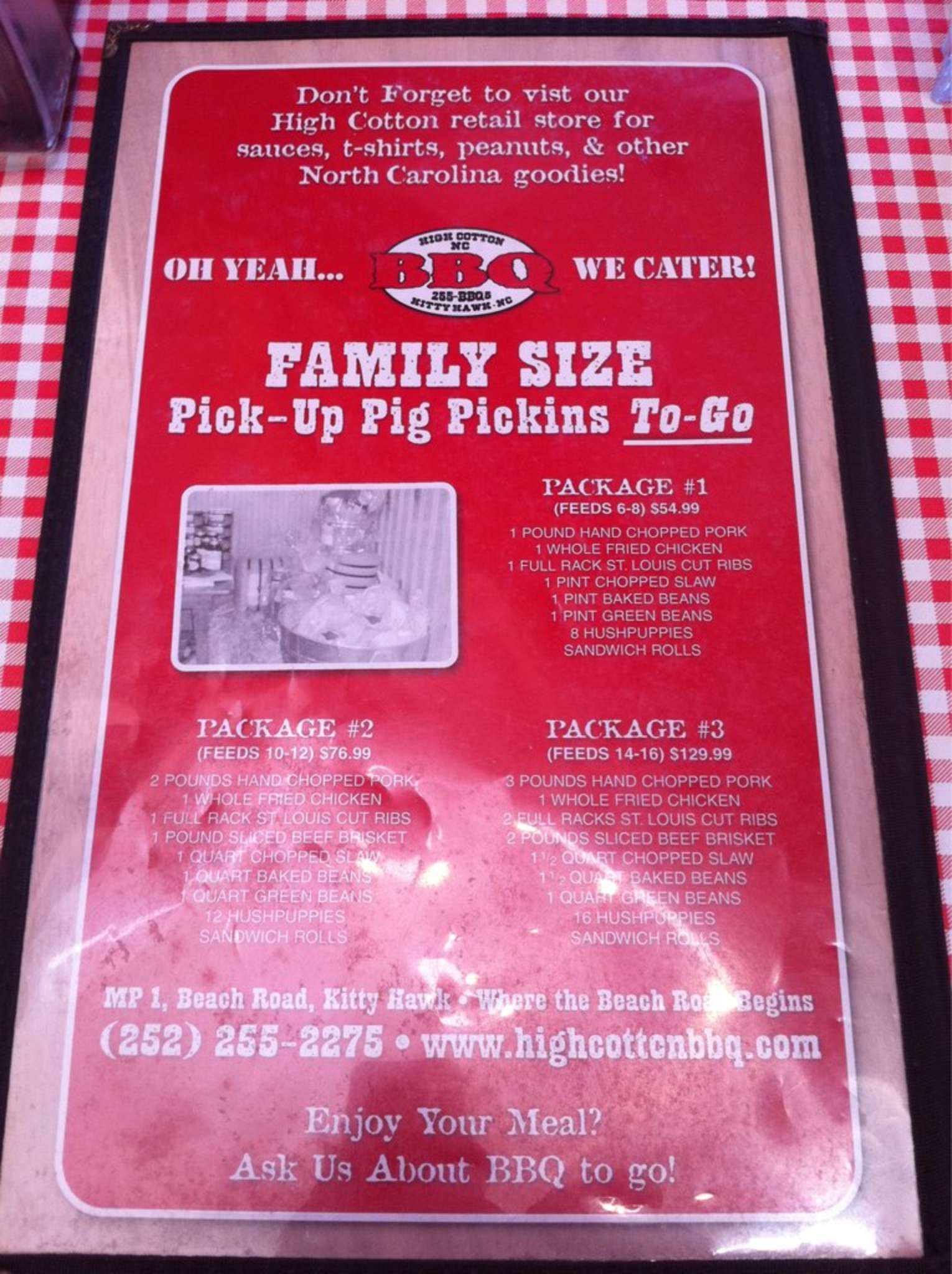 Menu at High Cotton Barbeque, Kitty Hawk