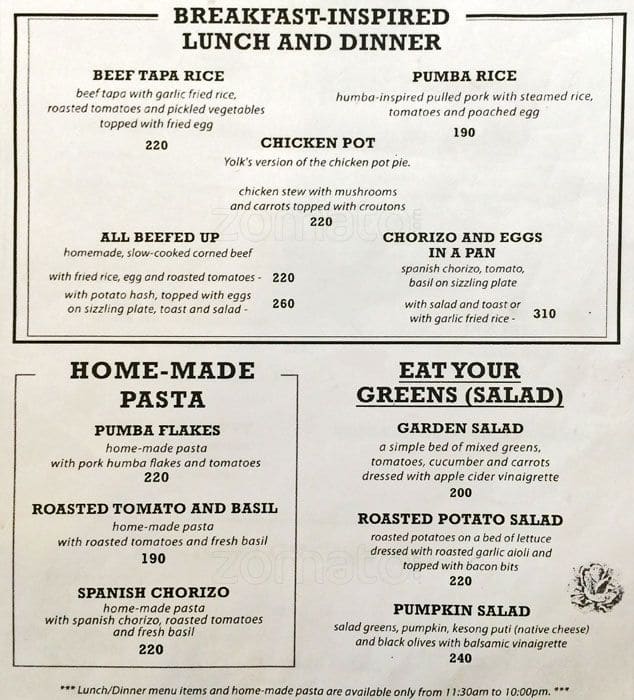 Yolk Coffee and Breakfast Menu Zomato Filipíny