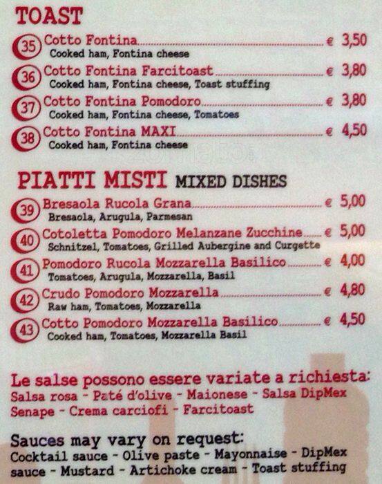 Menu di Bar Tabacchi Lunghi 