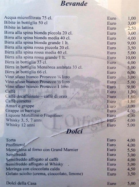 Menu di Trattoria Pizzeria L'Ortiga 