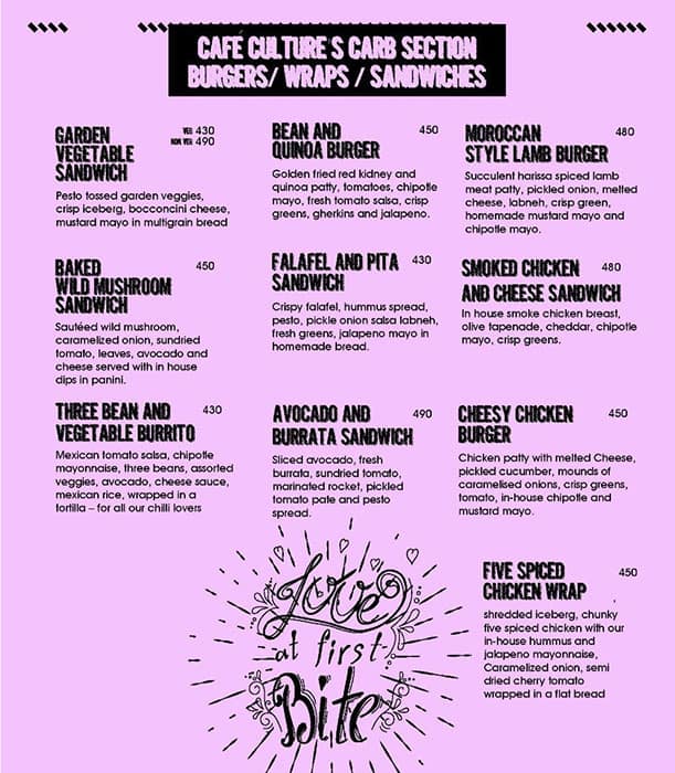 Menu at cafe culture, Ludhiana