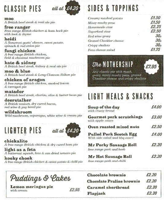 Pieminister Menu, Menu for Pieminister, Northern Quarter, Manchester
