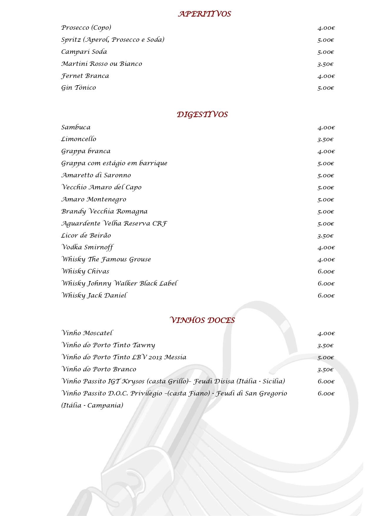 Menu at La Pasta Fresca pizzeria, Lisbon, Avenida 5 de Outubro 186