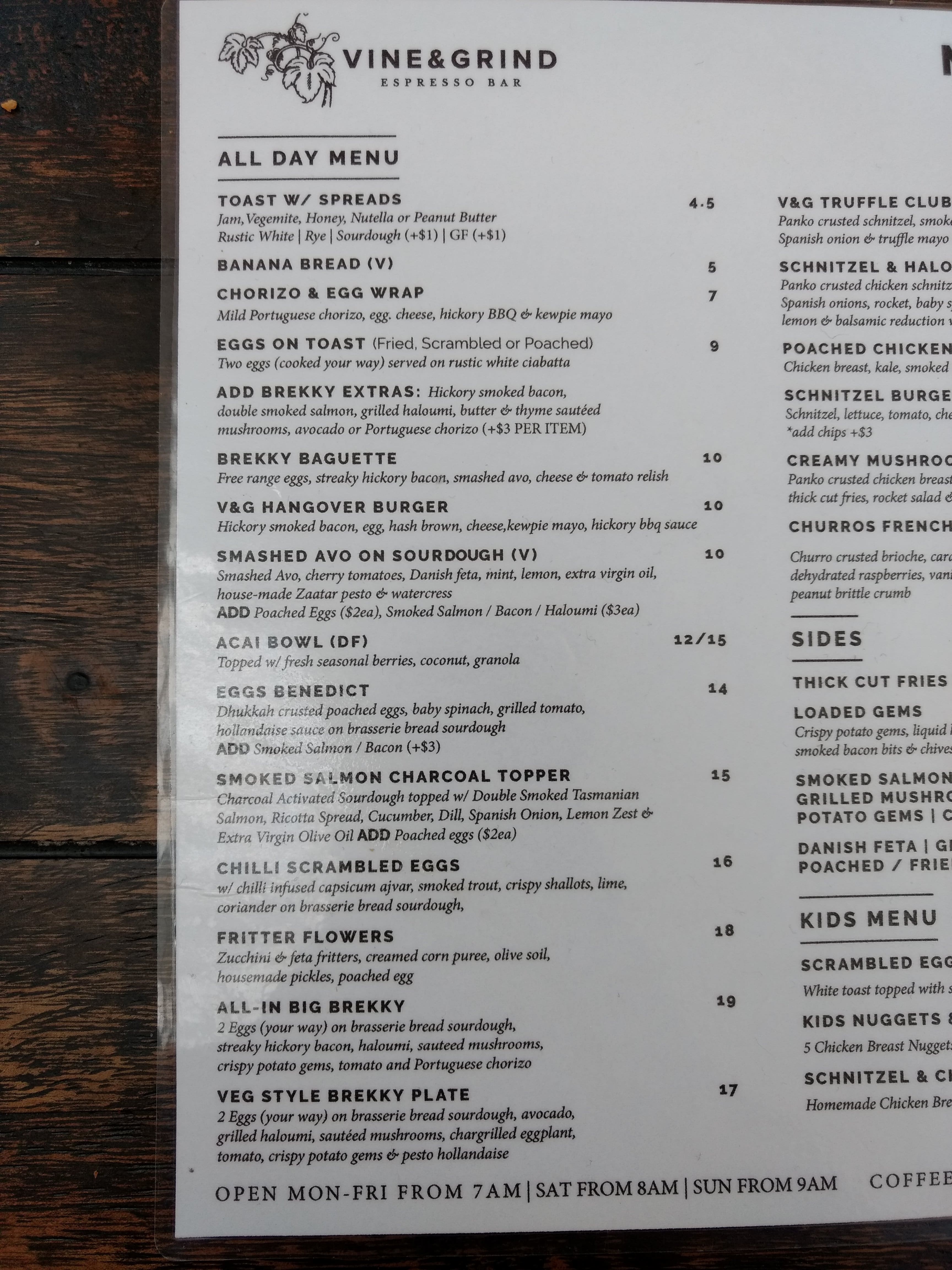 Menu at Vine & Grind restaurant, Liverpool