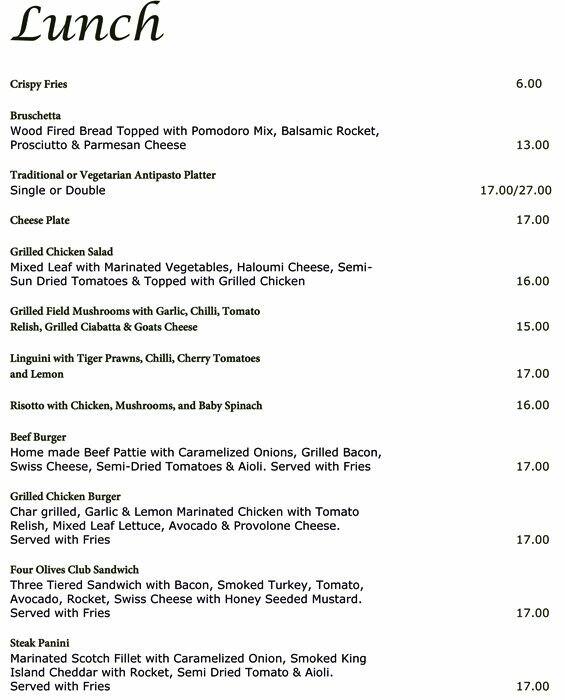 Menu at Four Olives Deli cafe, Manly