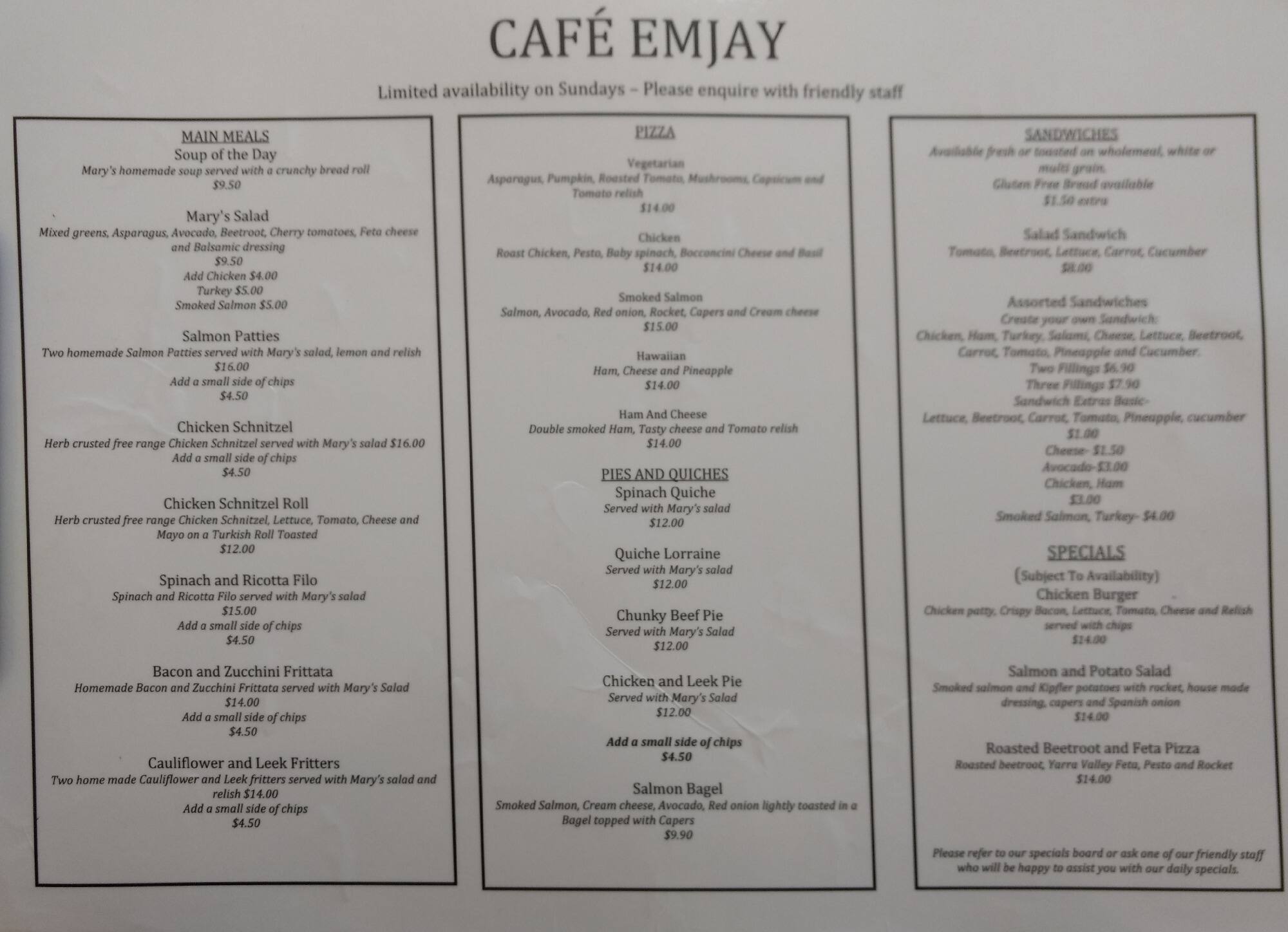 Menu at Cafe Emjay., Ringwood East