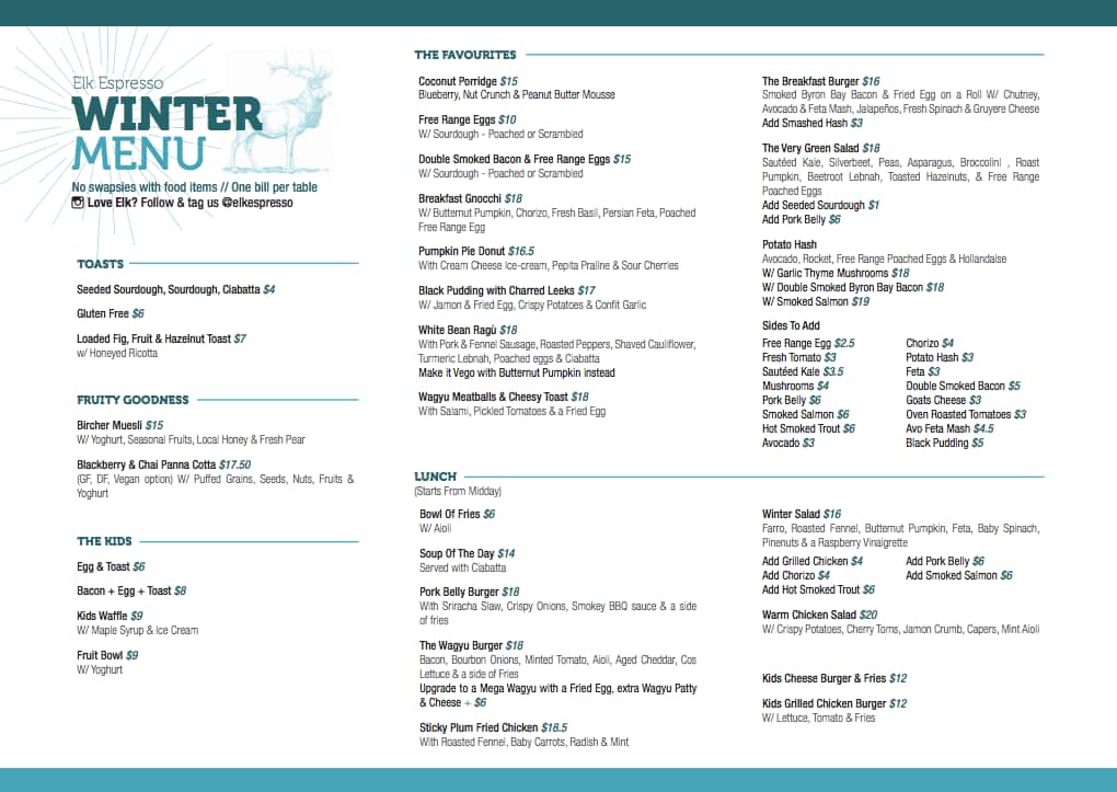Elk Espresso Menu, Menu for Elk Espresso, Broadbeach, Gold Coast