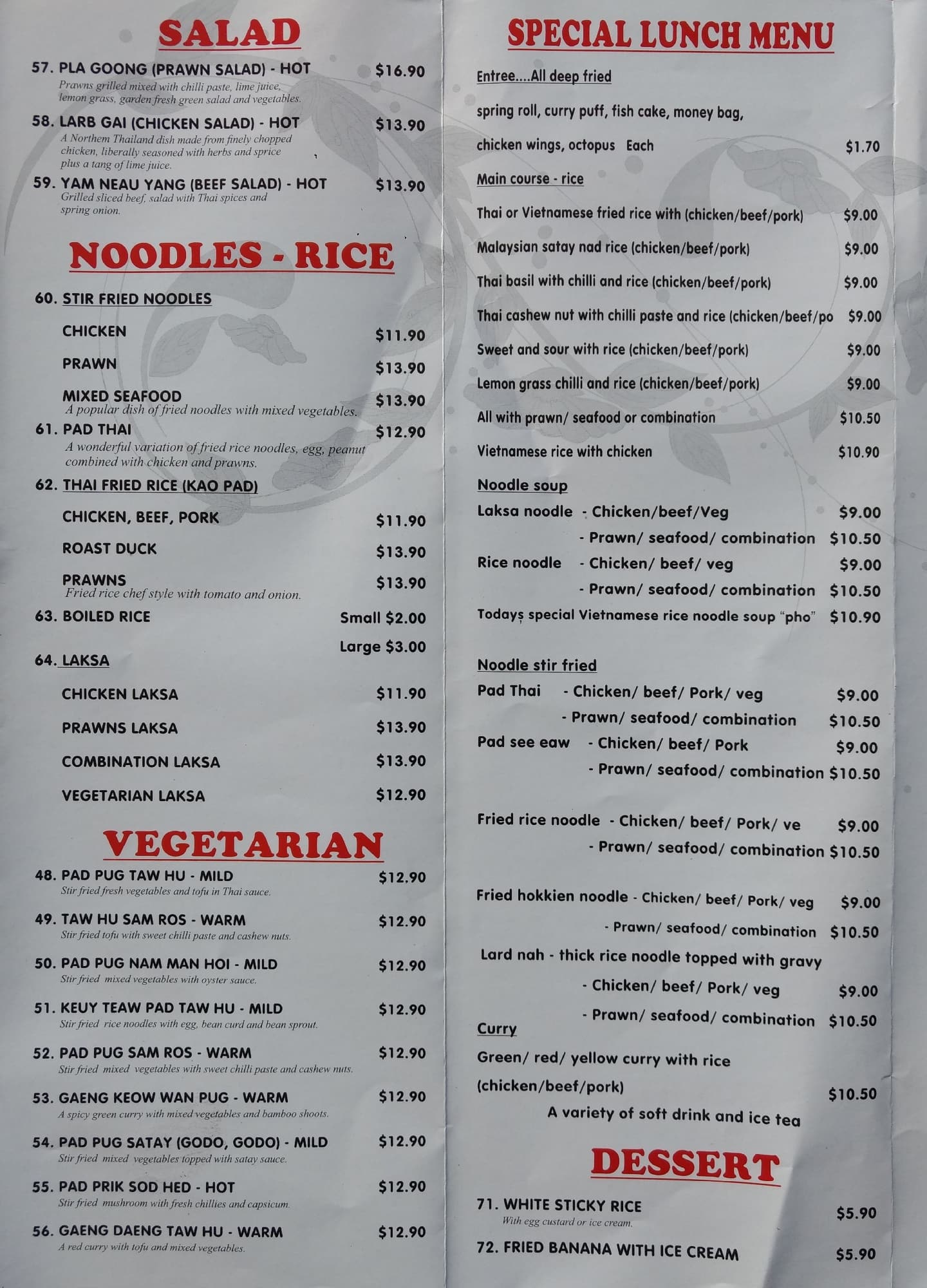 Menu at Thai Taste restaurant, Merrylands