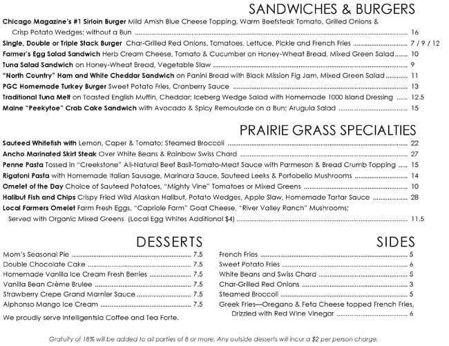 Menu at Prairie Grass Cafe, Northbrook