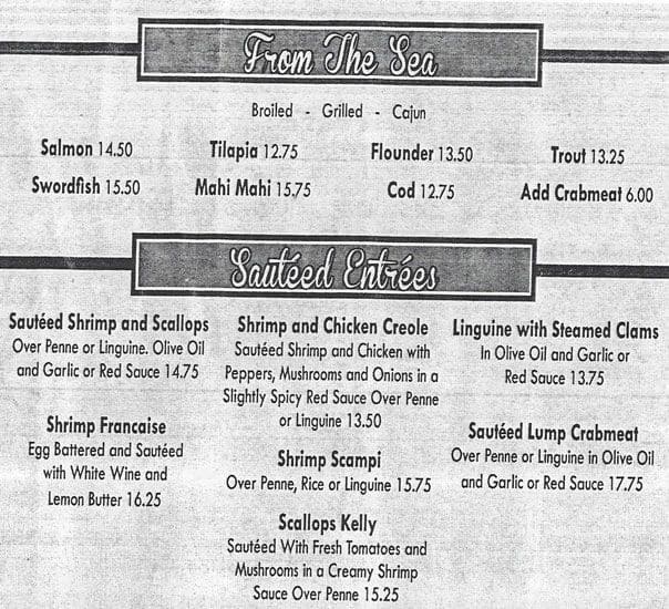 Menu at Kelly's Seafood restaurant, Philadelphia, Old Bustleton Ave