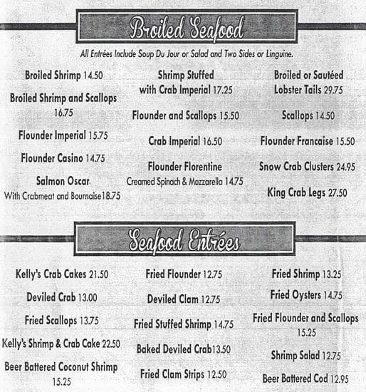 Menu at Kelly's Seafood restaurant, Philadelphia, Old Bustleton Ave