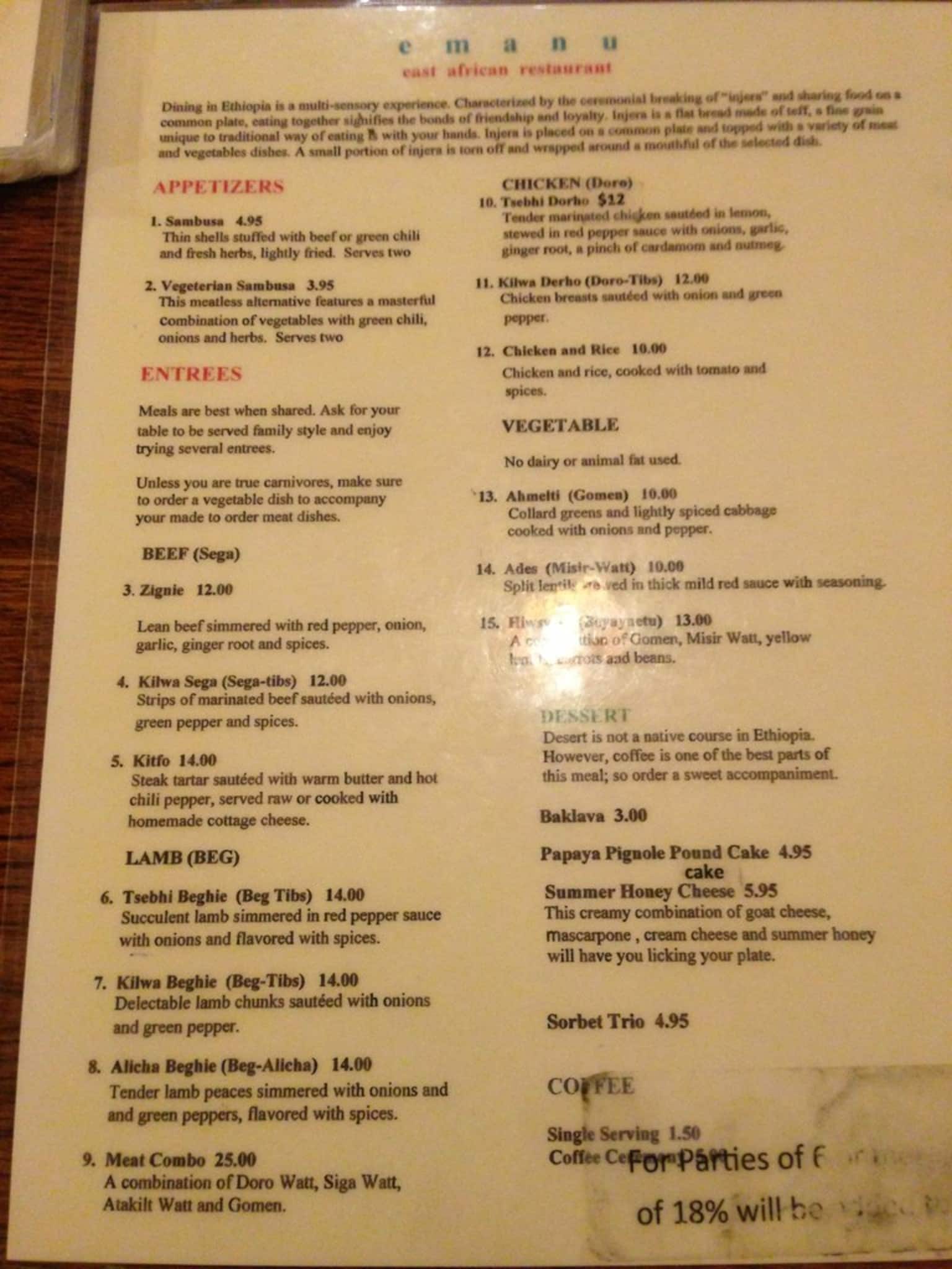 Emanu East African Restaurant Menu Urbanspoon/Zomato