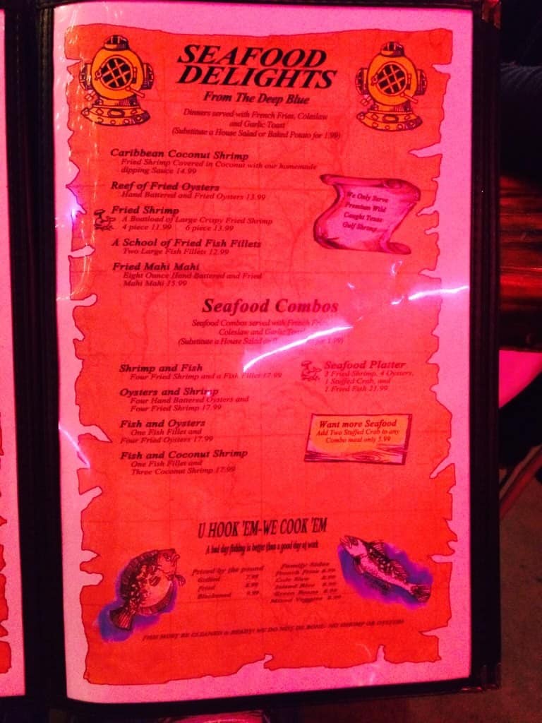 Menu at Moby Dick's steakhouse, Port Aransas