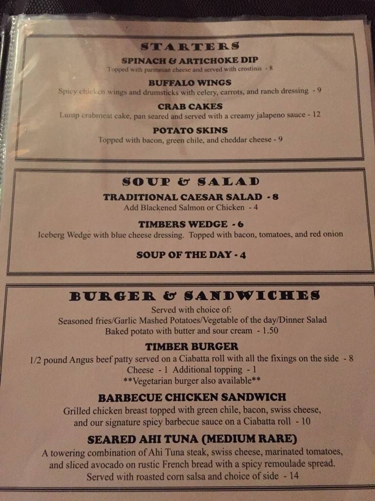 Timbers Menu, Menu for Timbers, Red River, Red River Urbanspoon/Zomato