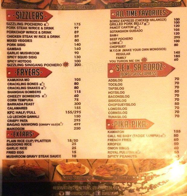 Menu at Bordz Bar and Resto, Cebu City