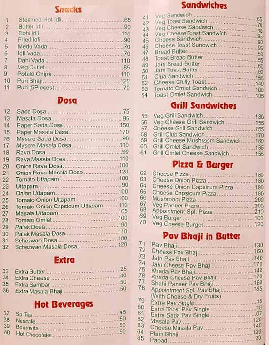 Appointment Restaurant menu