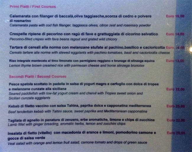 Menu di Ristorante Pane e Vino Milano 