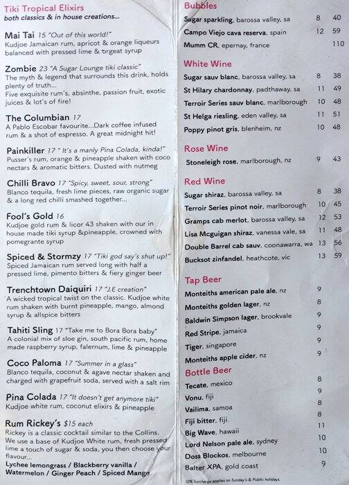 Sugar Lounge menu
