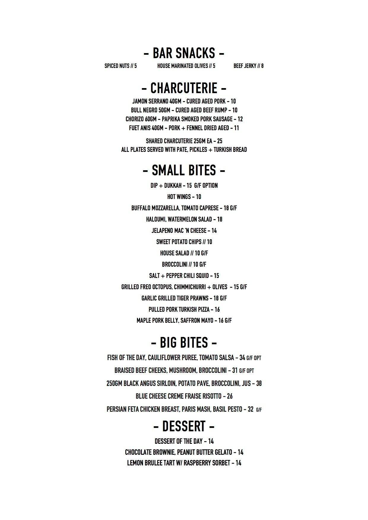 Amani Bar & Kitchen menu, Menu restauracji Amani Bar & Kitchen