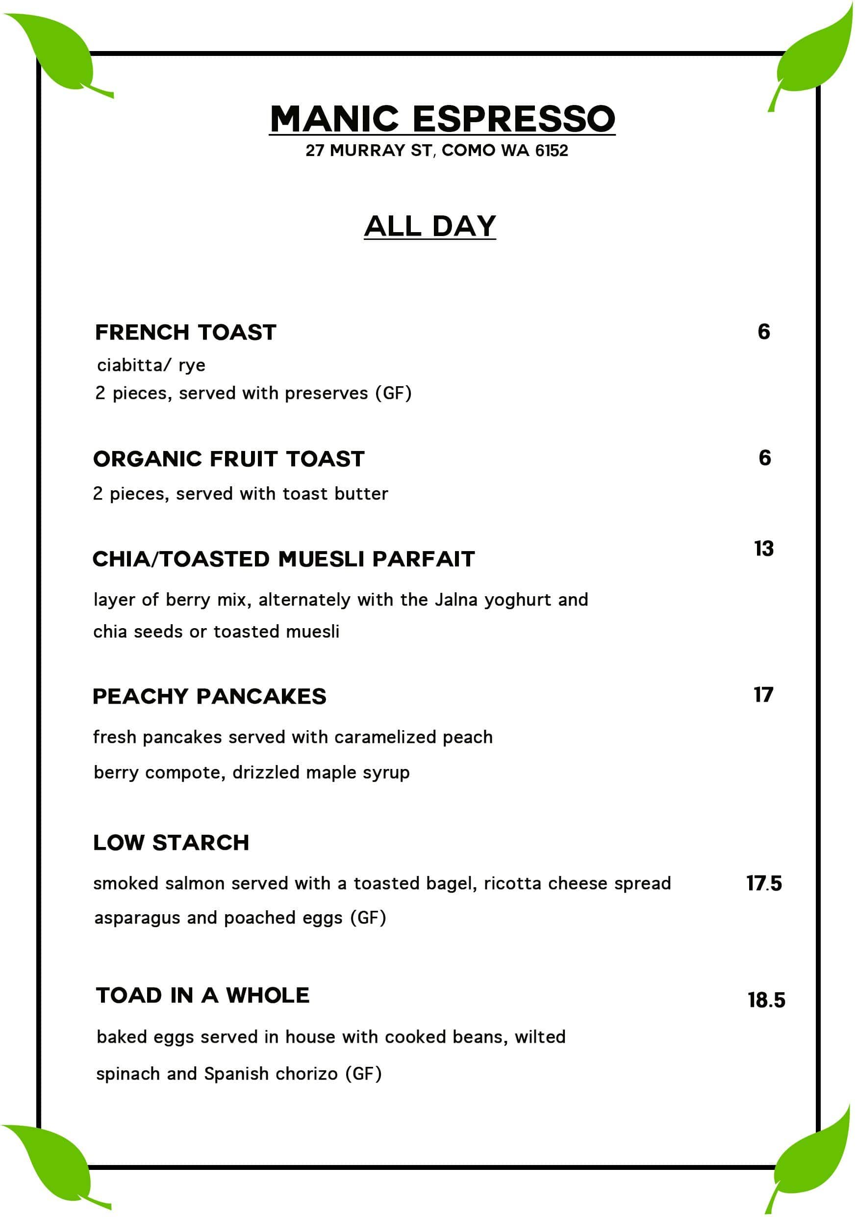 Manic Espresso Cafe Menu, Menu for Manic Espresso Cafe, Como, Perth