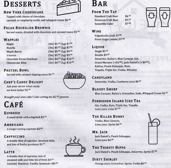 Menu au Level One Game Pub, Ottawa