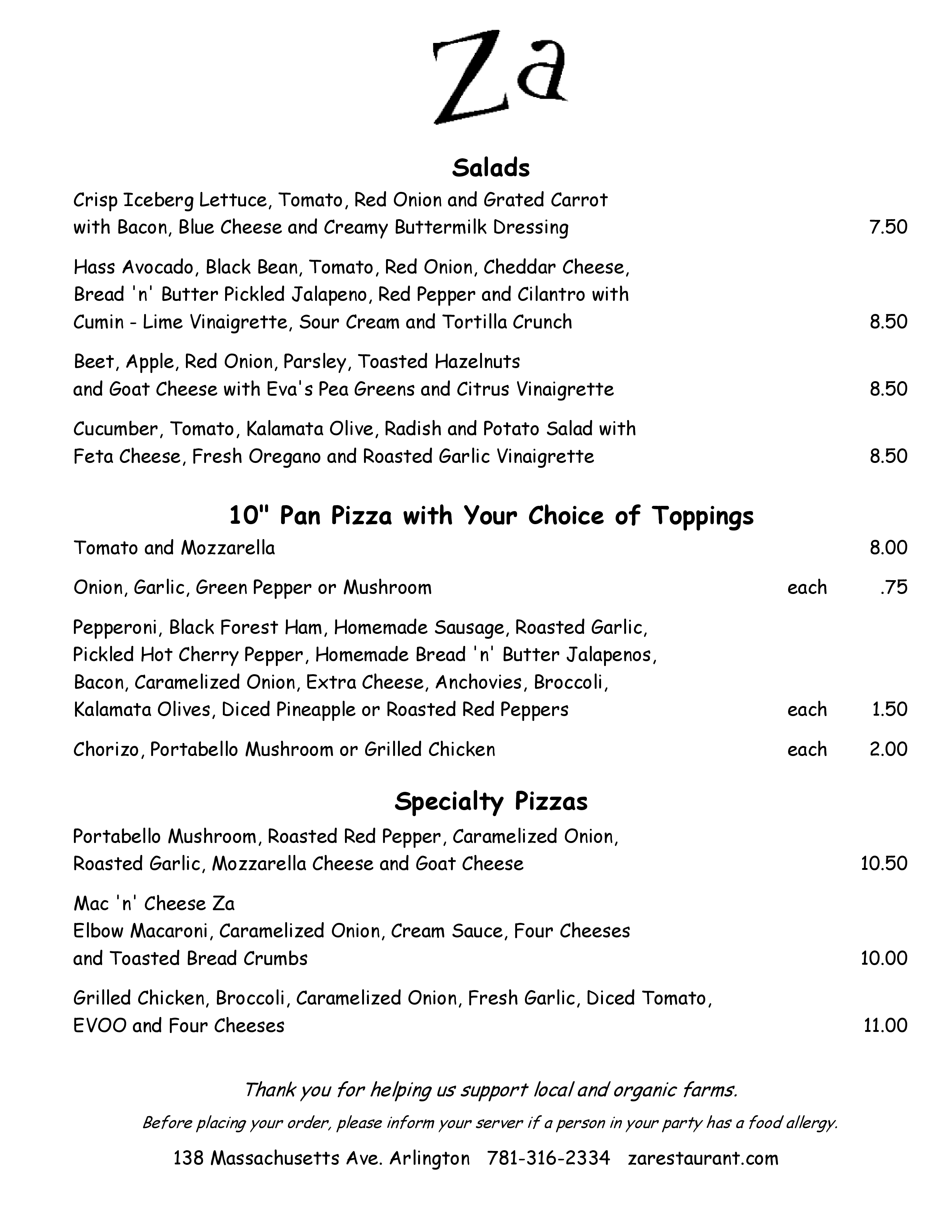 Za Menu, Menu for Za, Arlington, Boston Urbanspoon/Zomato