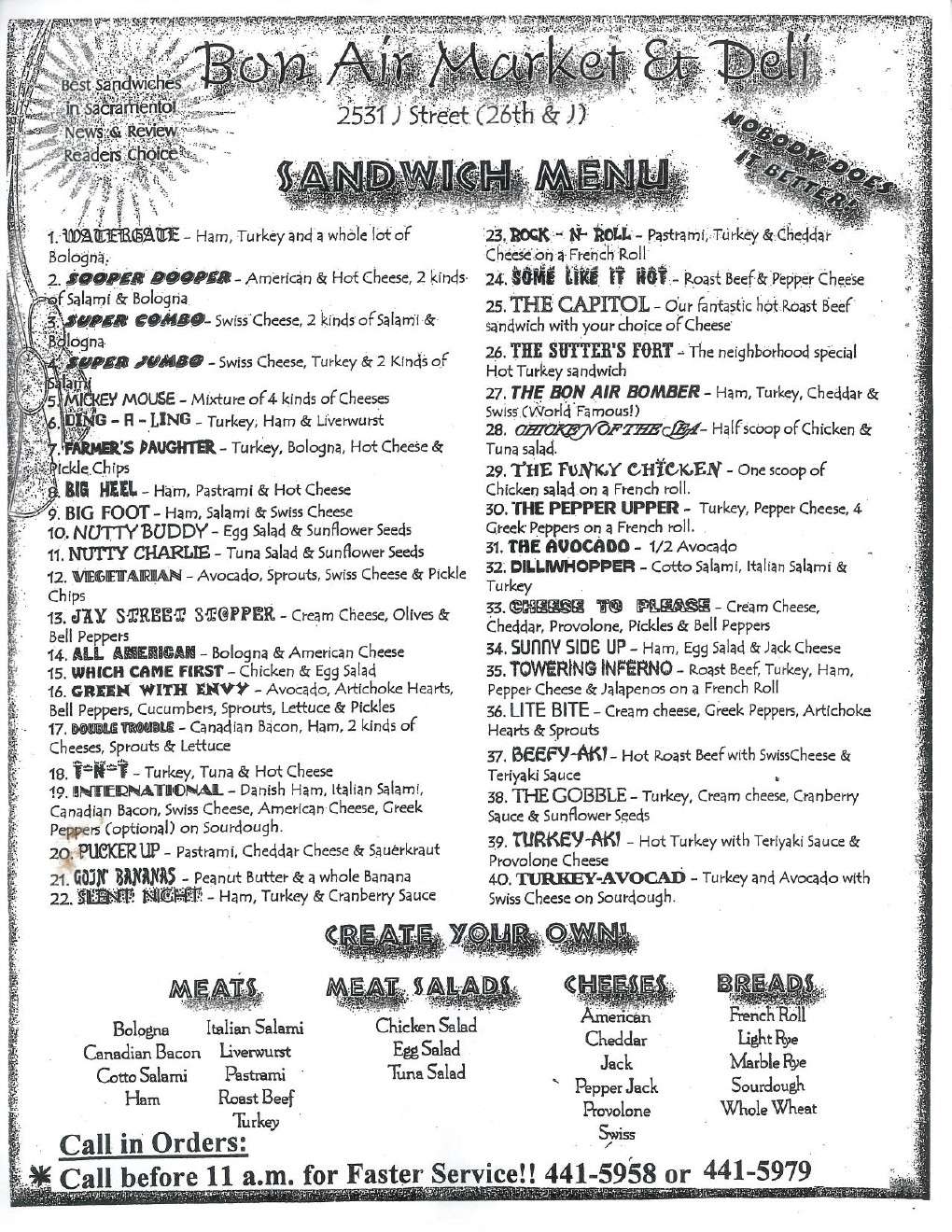 Bon Air Deli menu, Menu restauracji Bon Air Deli, Midtown, Sacramento