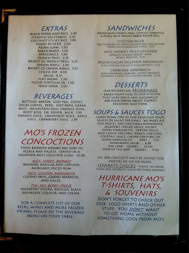 Menu at Hurricane Mo's pub & bar, Kitty Hawk