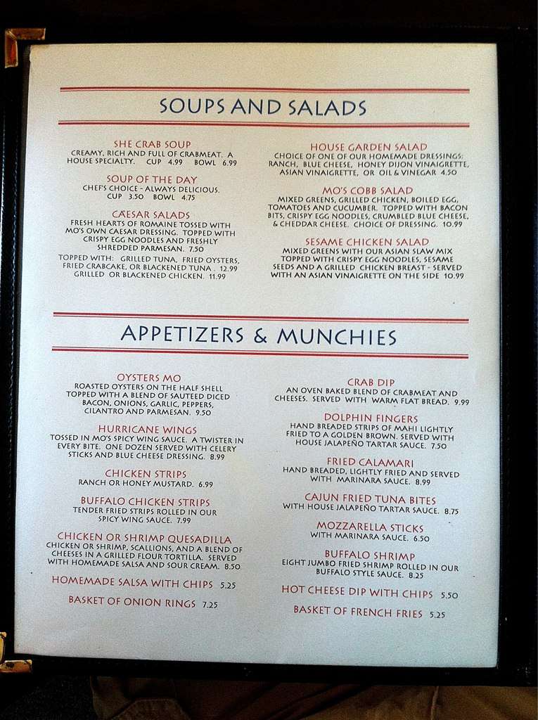 Menu at Hurricane Mo's pub & bar, Kitty Hawk