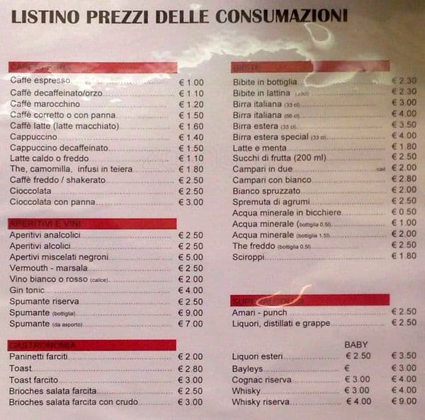 Bar Il Cantuccio a Milano Foto del Menu con Prezzi