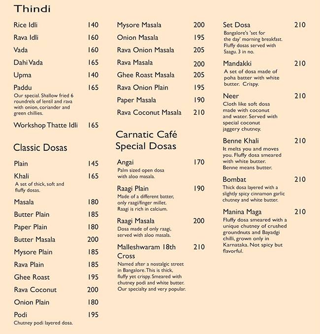 Menu Of Carnatic Cafe Sector 15 Gurgaon