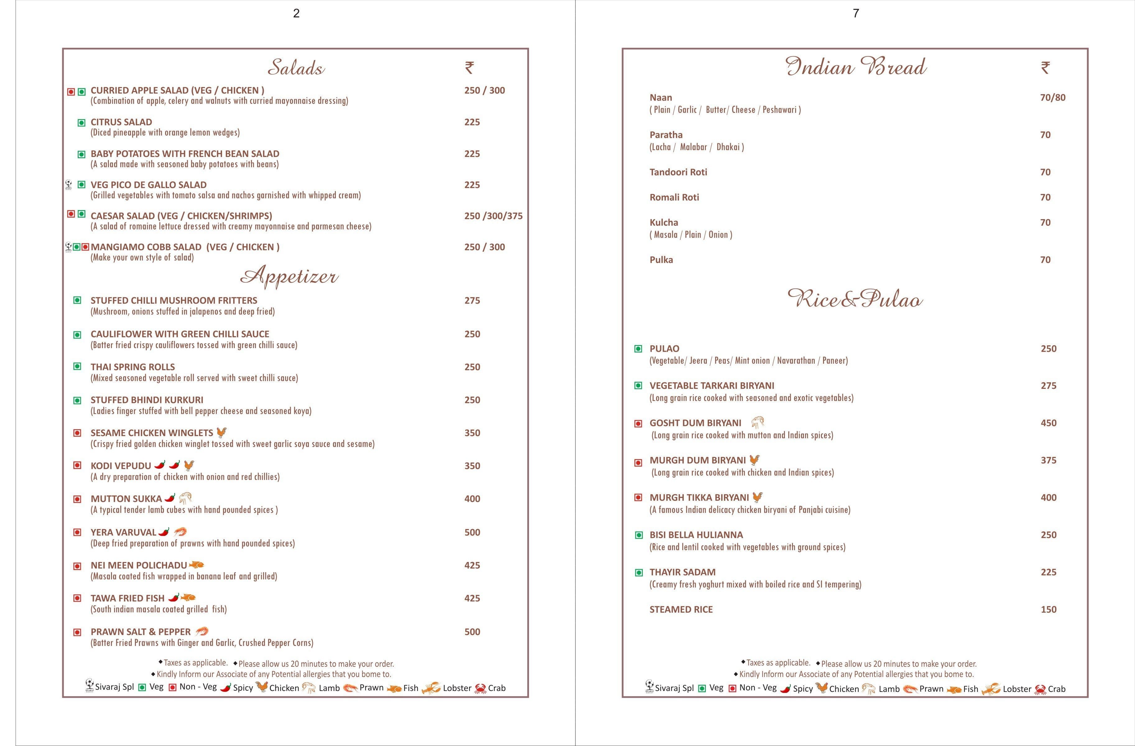 Sivaraj Inn menu
