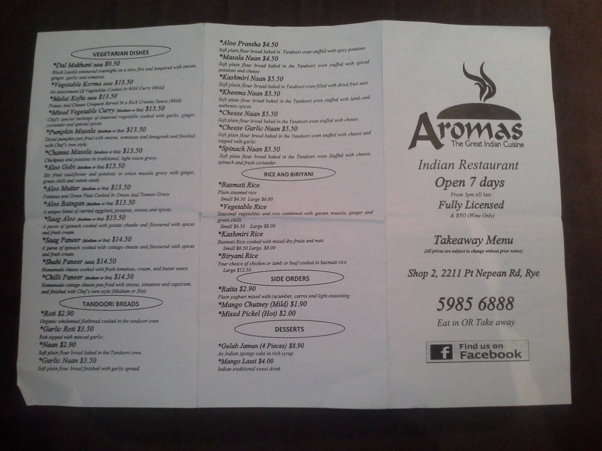 Aromas menu, Menu restauracji Aromas, Rye, Mornington Peninsula Urbanspoon/Zomato
