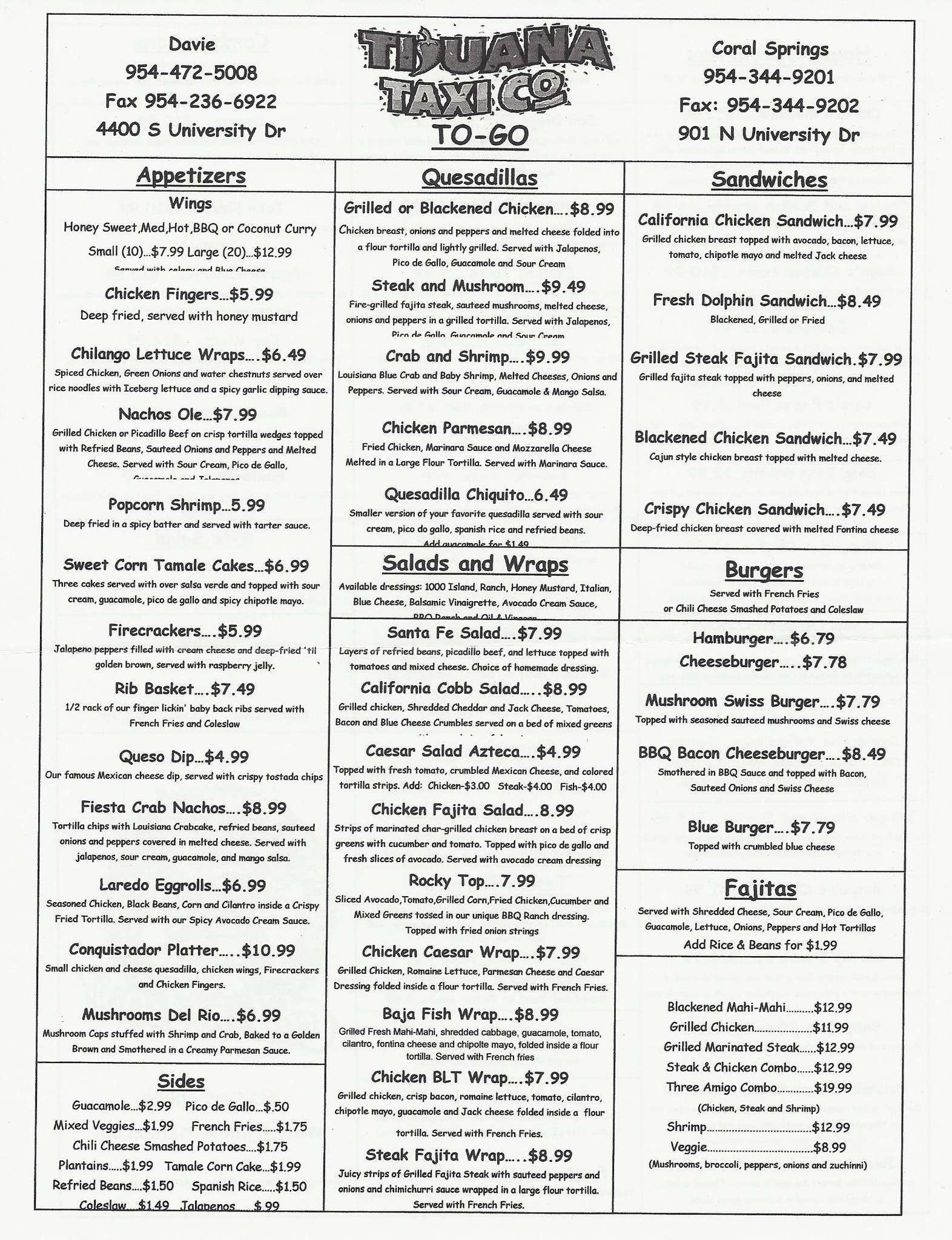 Menu At Tijuana Taxi Co Restaurant Davie