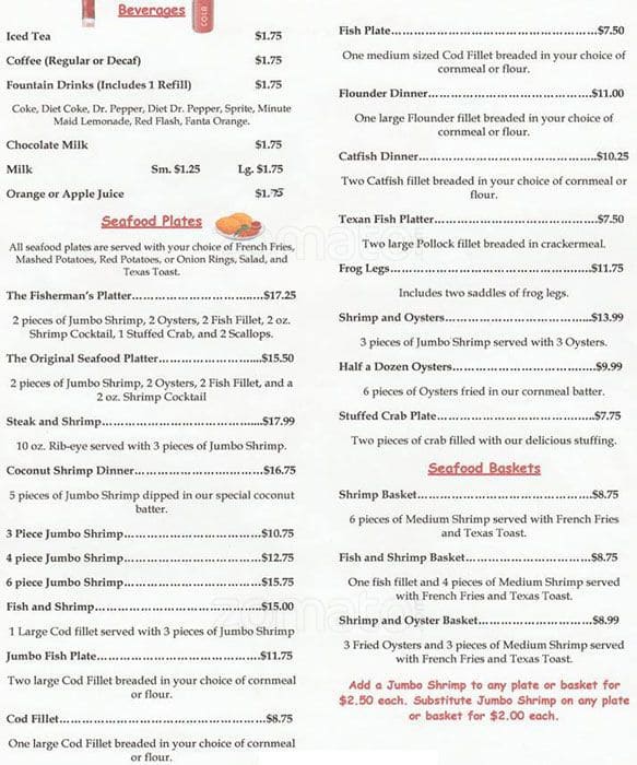 Menu at Sherry's Texan Seafood Restaurant, San Antonio, Pleasanton Rd