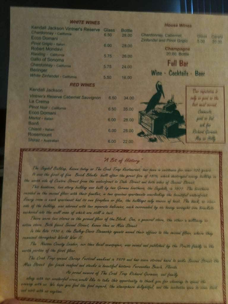 Menu at The Crab Trap pub & bar, Fernandina Beach