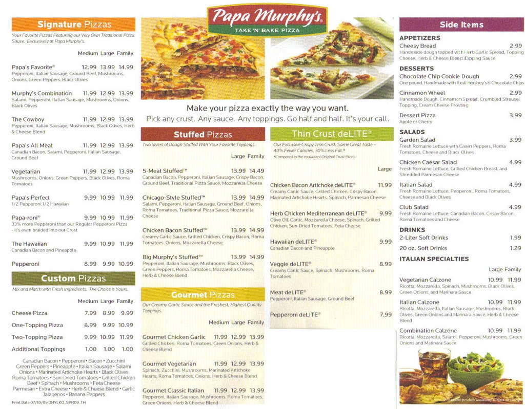 Menu At Papa Murphy s Take N Bake Pizza Pizzeria Knoxville Chapman 