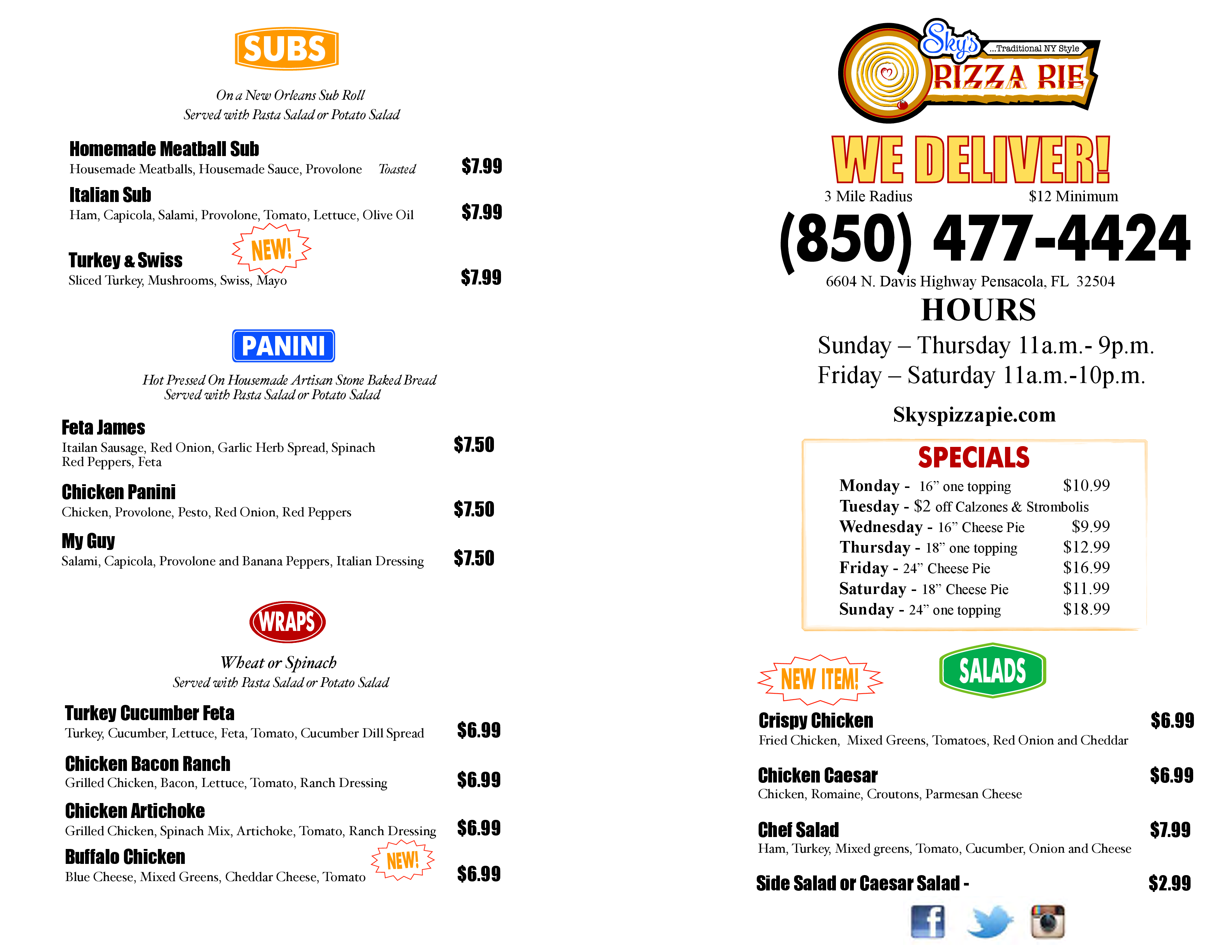 Sky's Pizza Pie Menu, Menu for Sky's Pizza Pie, Pensacola, Pensacola ...