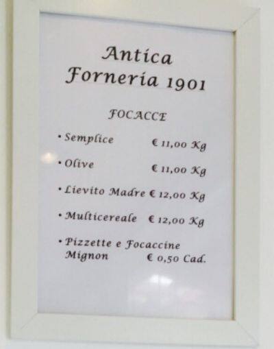 Menu di Antica Forneria 1901 