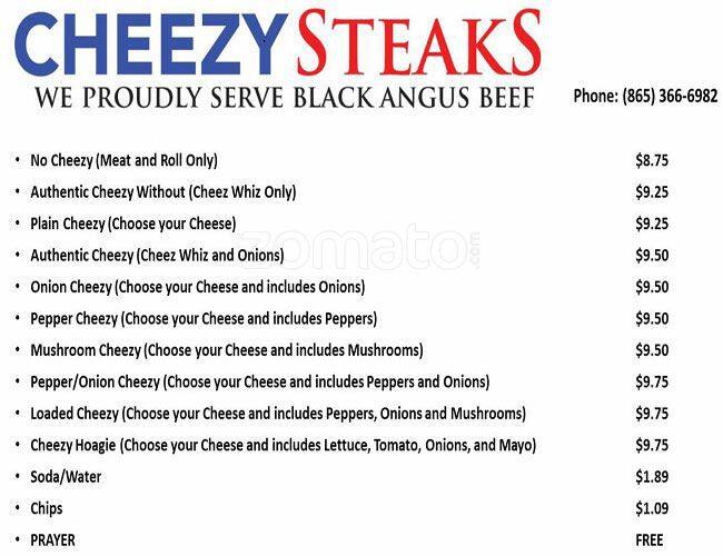 Cheezy Steaks Menu, Menu for Cheezy Steaks, Sevierville, Knoxville