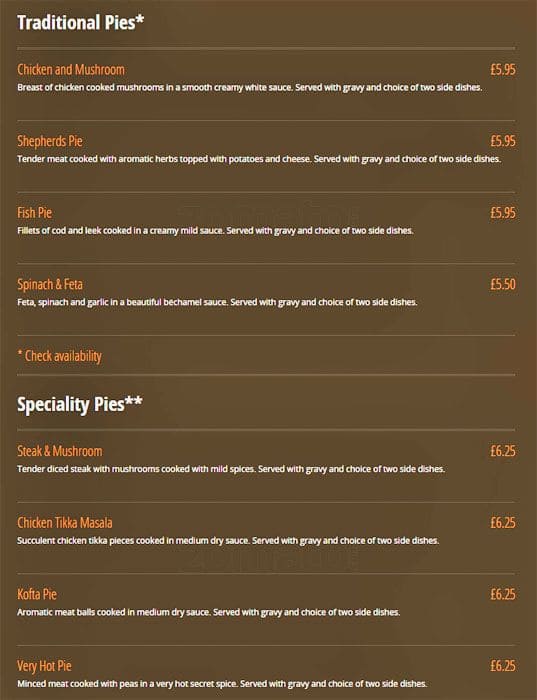 The Pie Factory Menu, Menu for The Pie Factory, Whitechapel, London