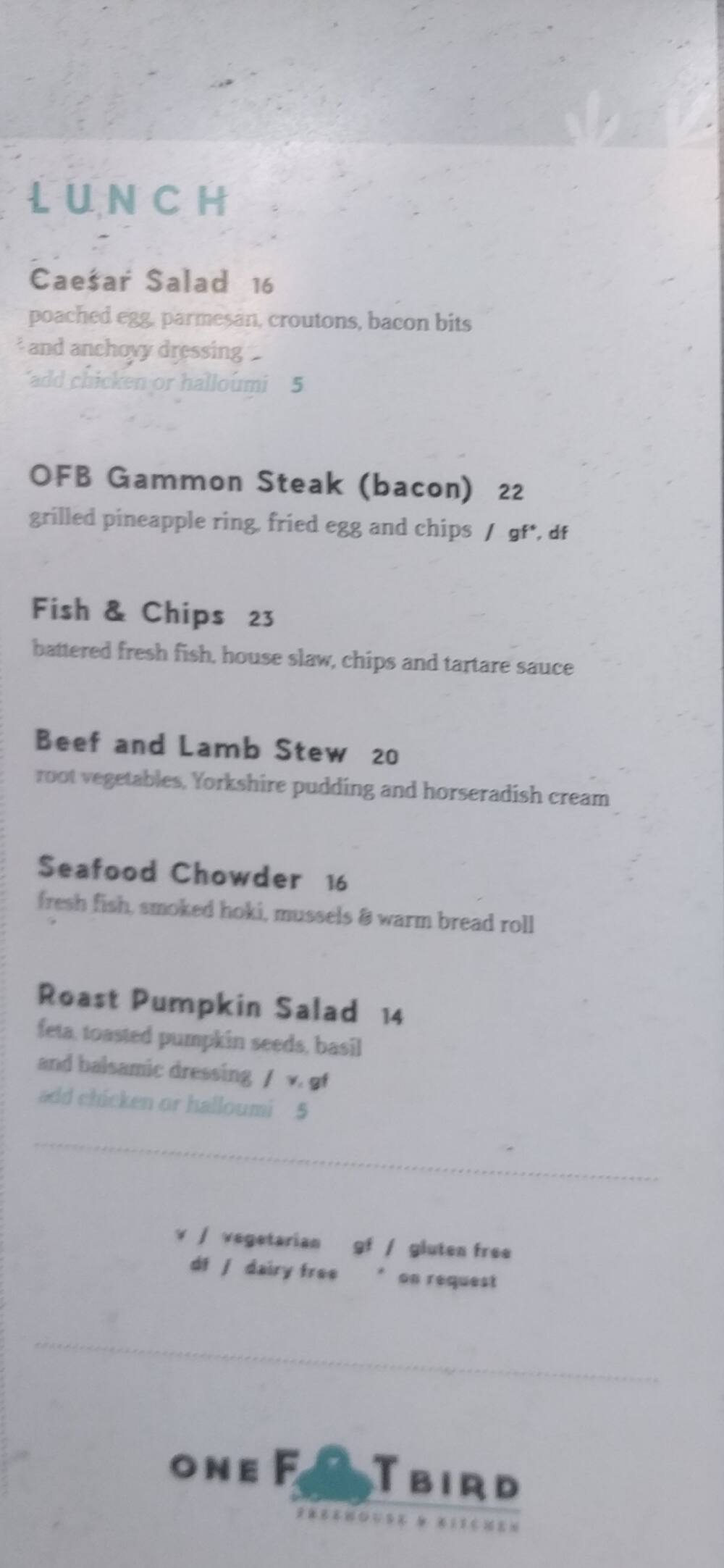 Fat Bird Menu Menu at One Fat Bird restaurant, Wellington