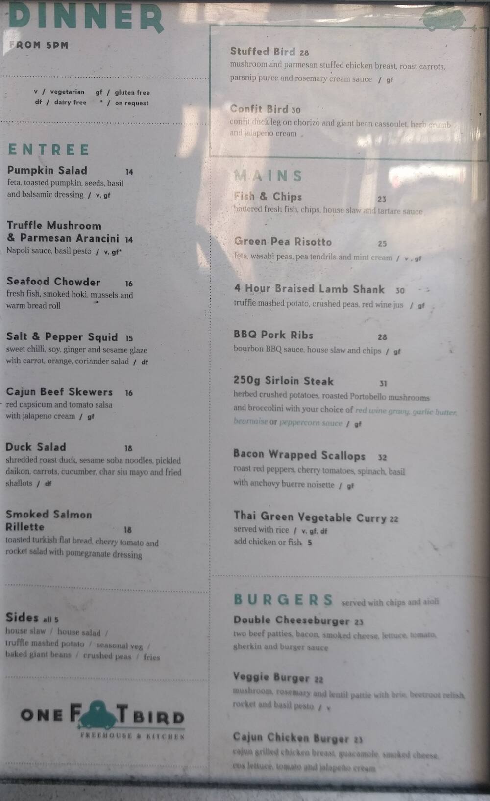 Fat Bird Menu Menu at One Fat Bird restaurant, Wellington