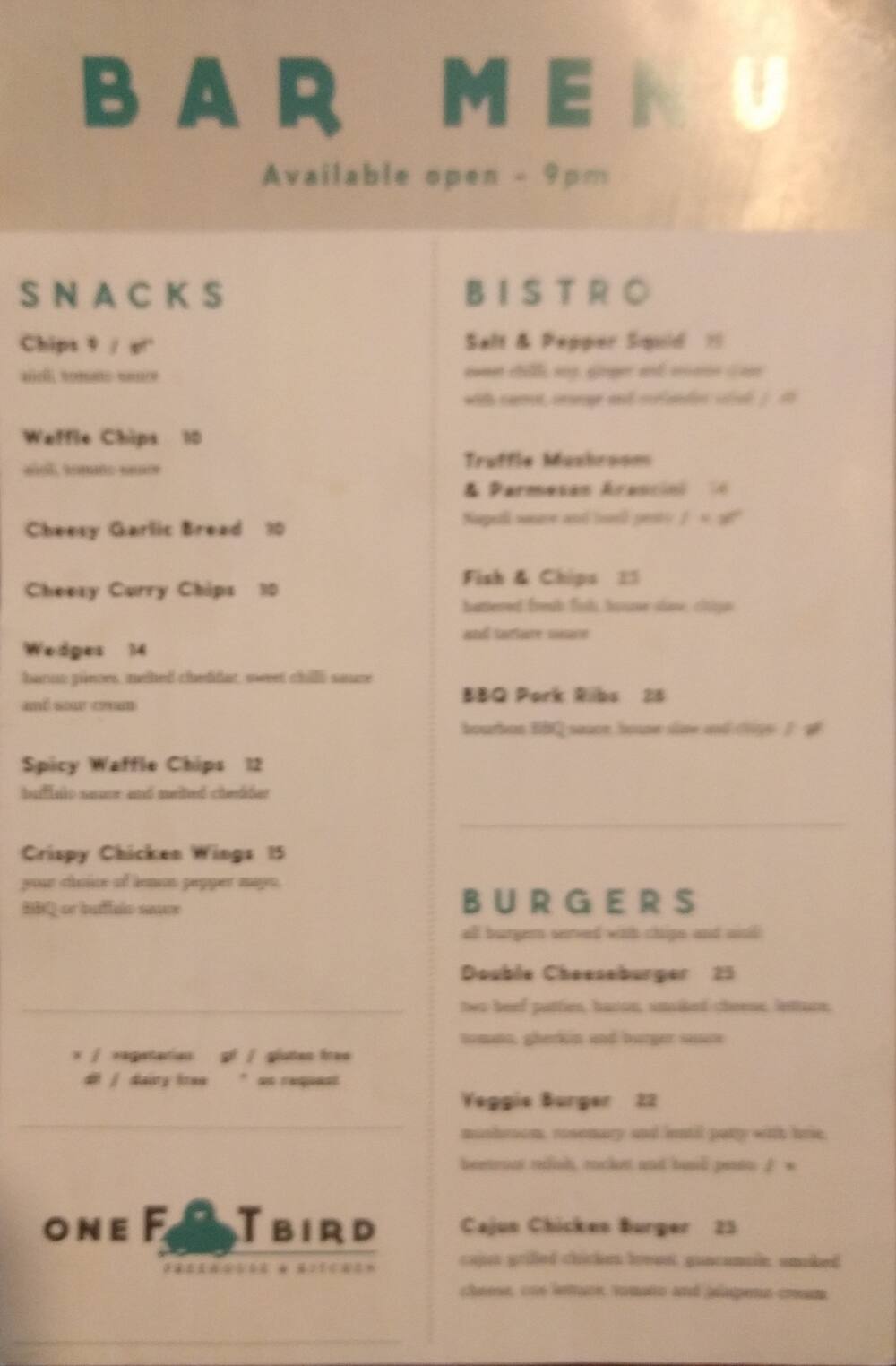 Fat Bird Menu Menu at One Fat Bird restaurant, Wellington