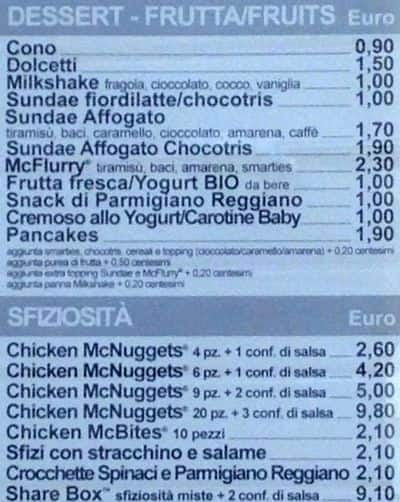 Menu di McDonald's Milano Sabotino 