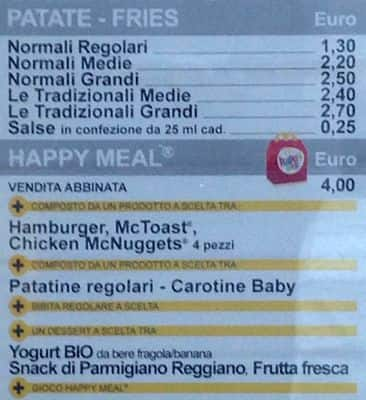 Menu di McDonald's Milano Sabotino 