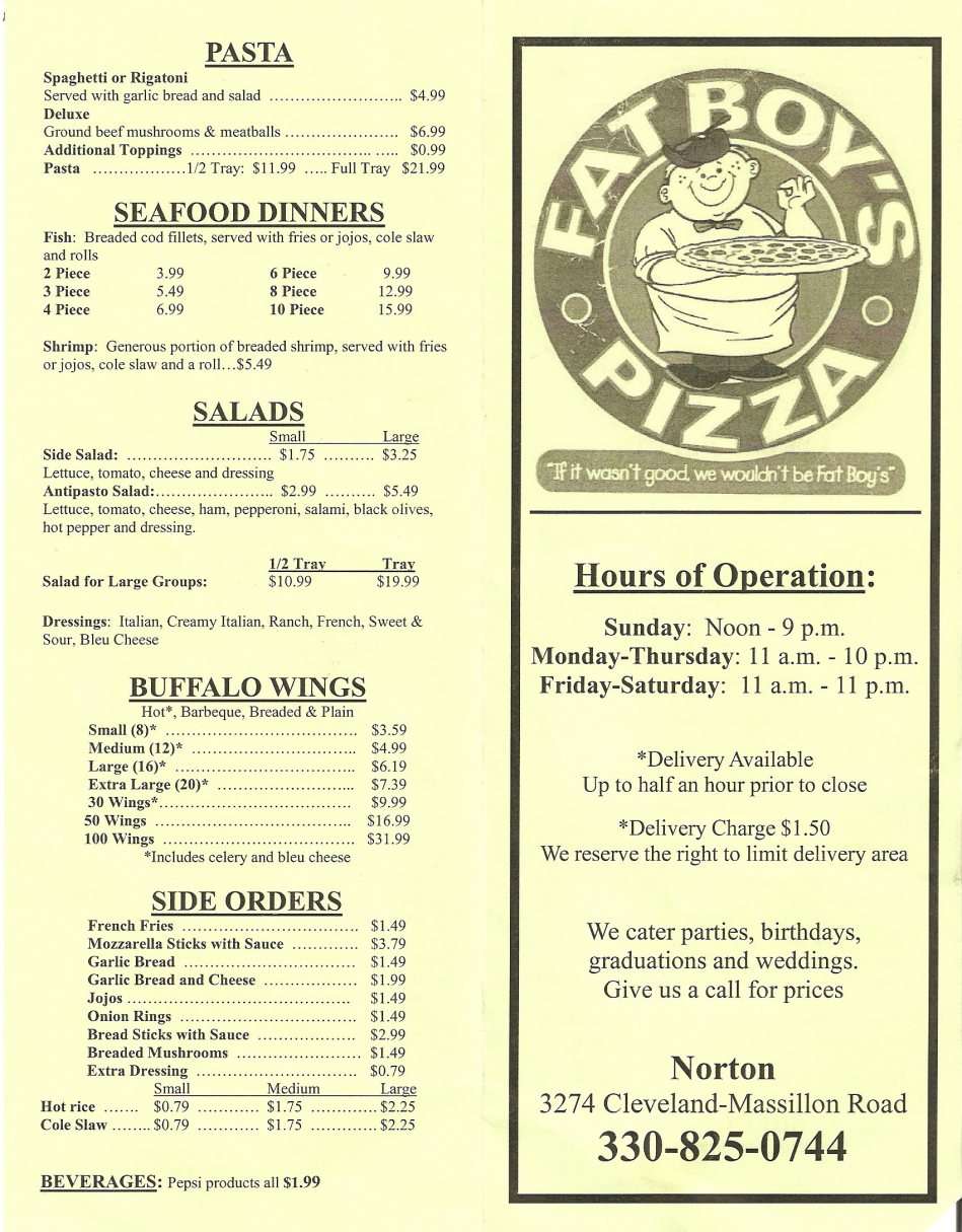 Menu at Fat Boy's Pizza pizzeria, Norton