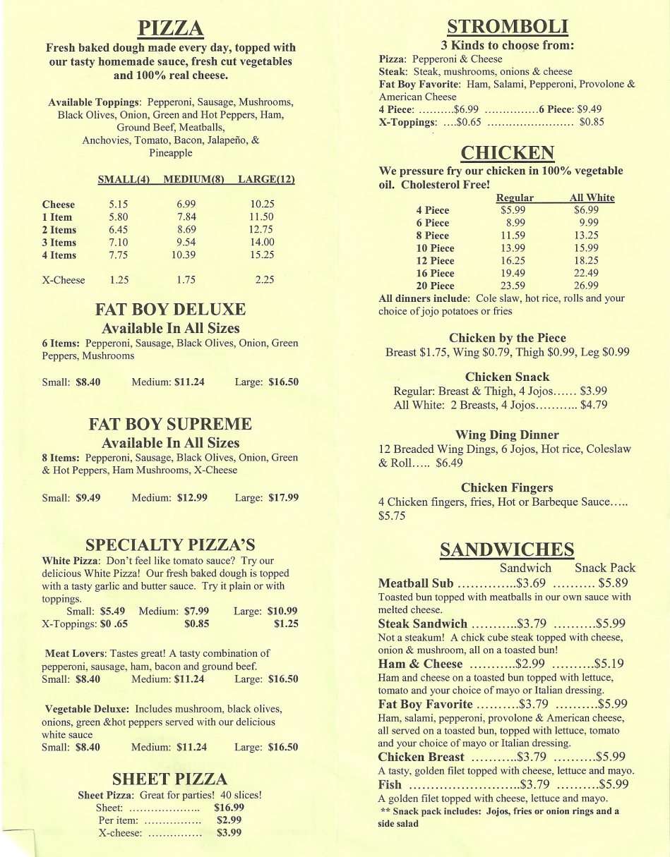 Menu at Fat Boy's Pizza pizzeria, Norton