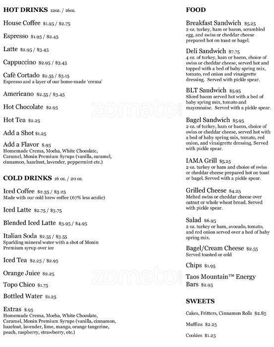 IAMA Coffee House Menu, Menu for IAMA Coffee House, Midtown, San